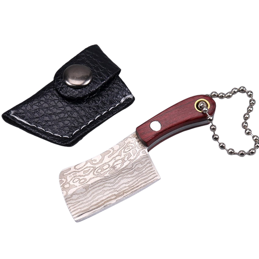 Damascus Cleaver Knife Keychain With Sheath